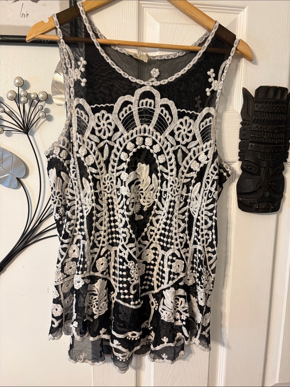 Women's Black Lace Overlay Camisole with White Embroidery